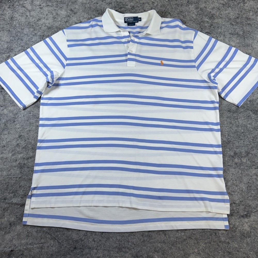 Vtg Polo Ralph Lauren Shirt Men's XL Blue White Stripes Short Sleeve Orange Pony